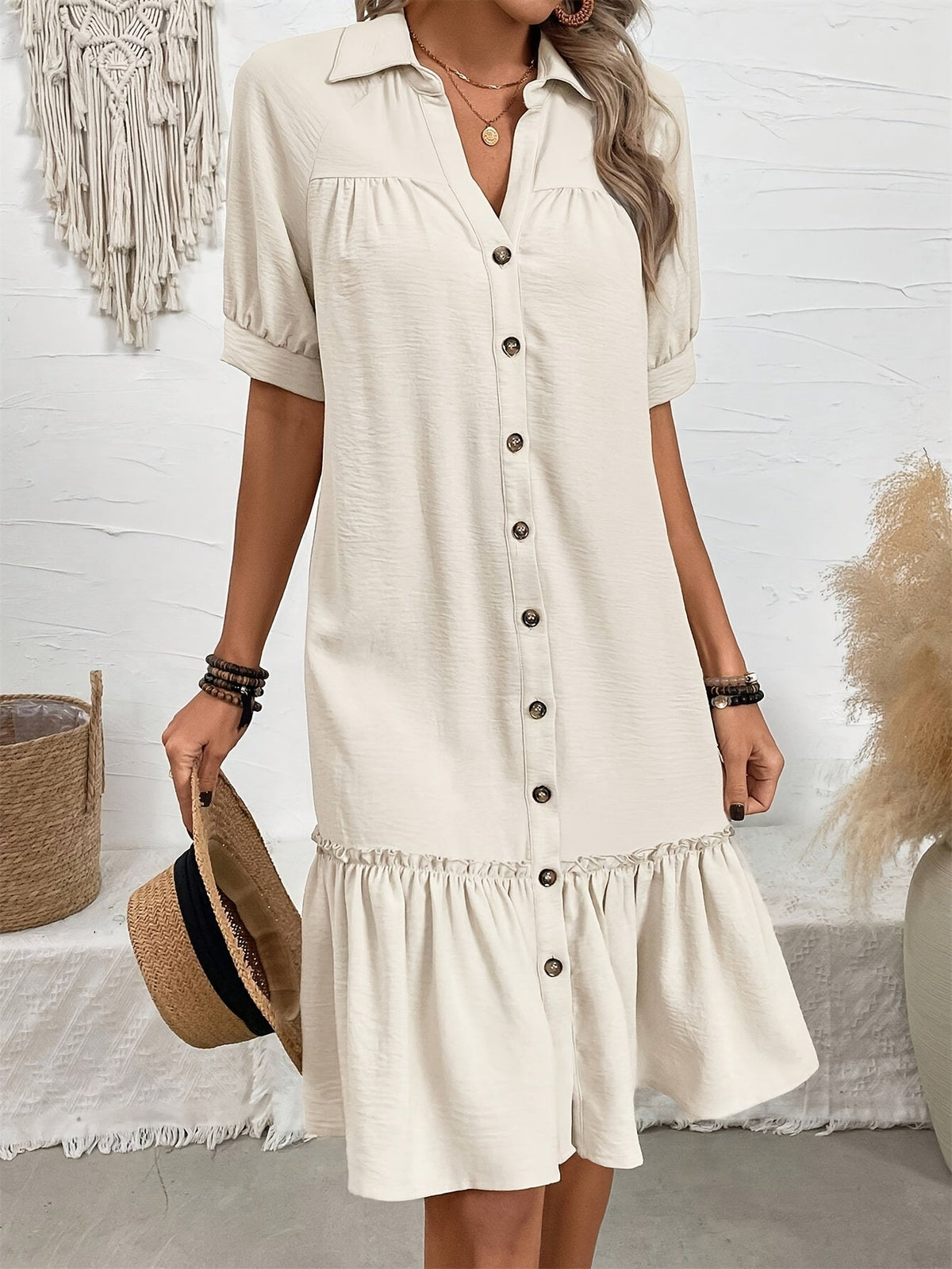 Collared Button Front Short Sleeve Ruffle Hem Shift Mini Dress 5