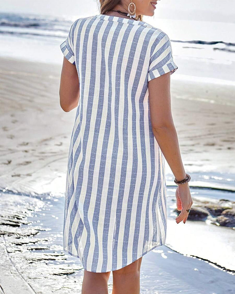 Blue Split Neck Striped Button-Front Short Sleeve Shirt Dress 2