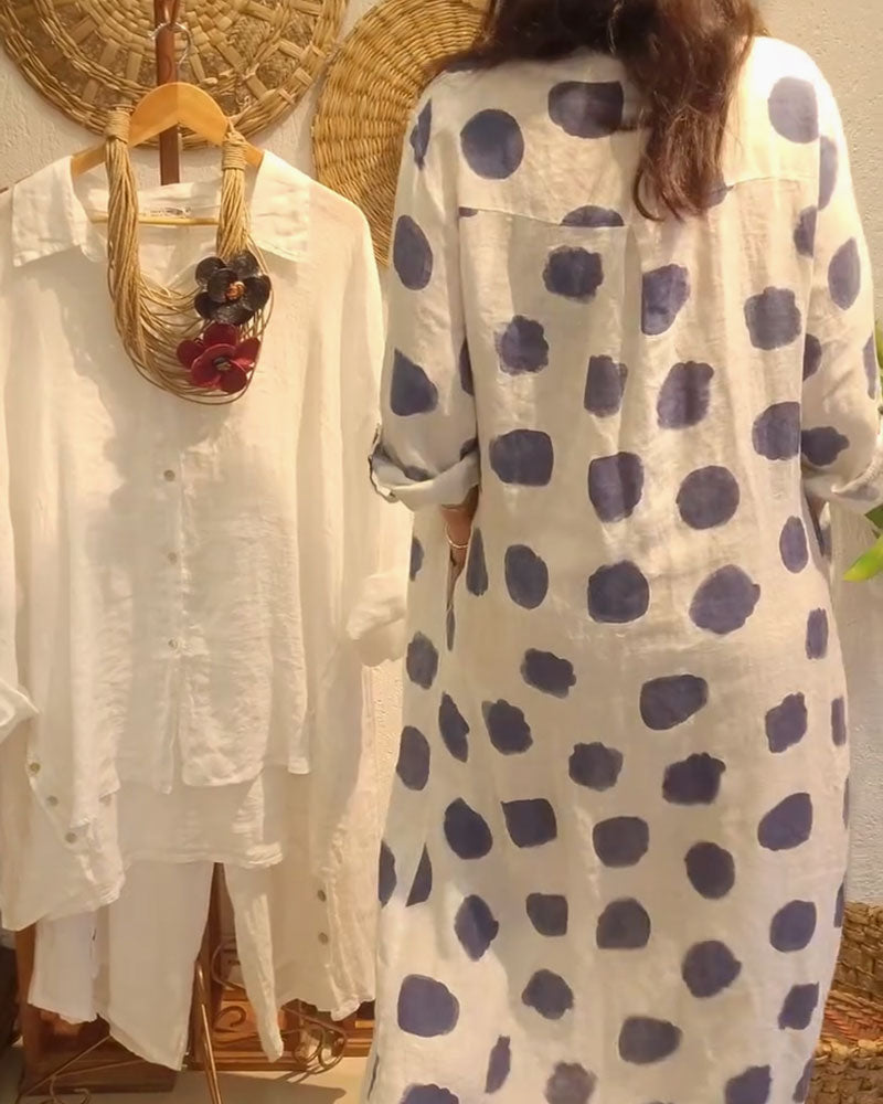 V-Neck Polka Dot Button Front Long Sleeve Loose Maxi Dress