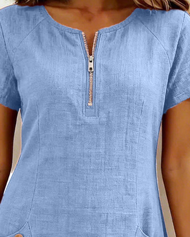 Round Neck Zip Front Short Sleeve Pocket Shift Mini Dress 17