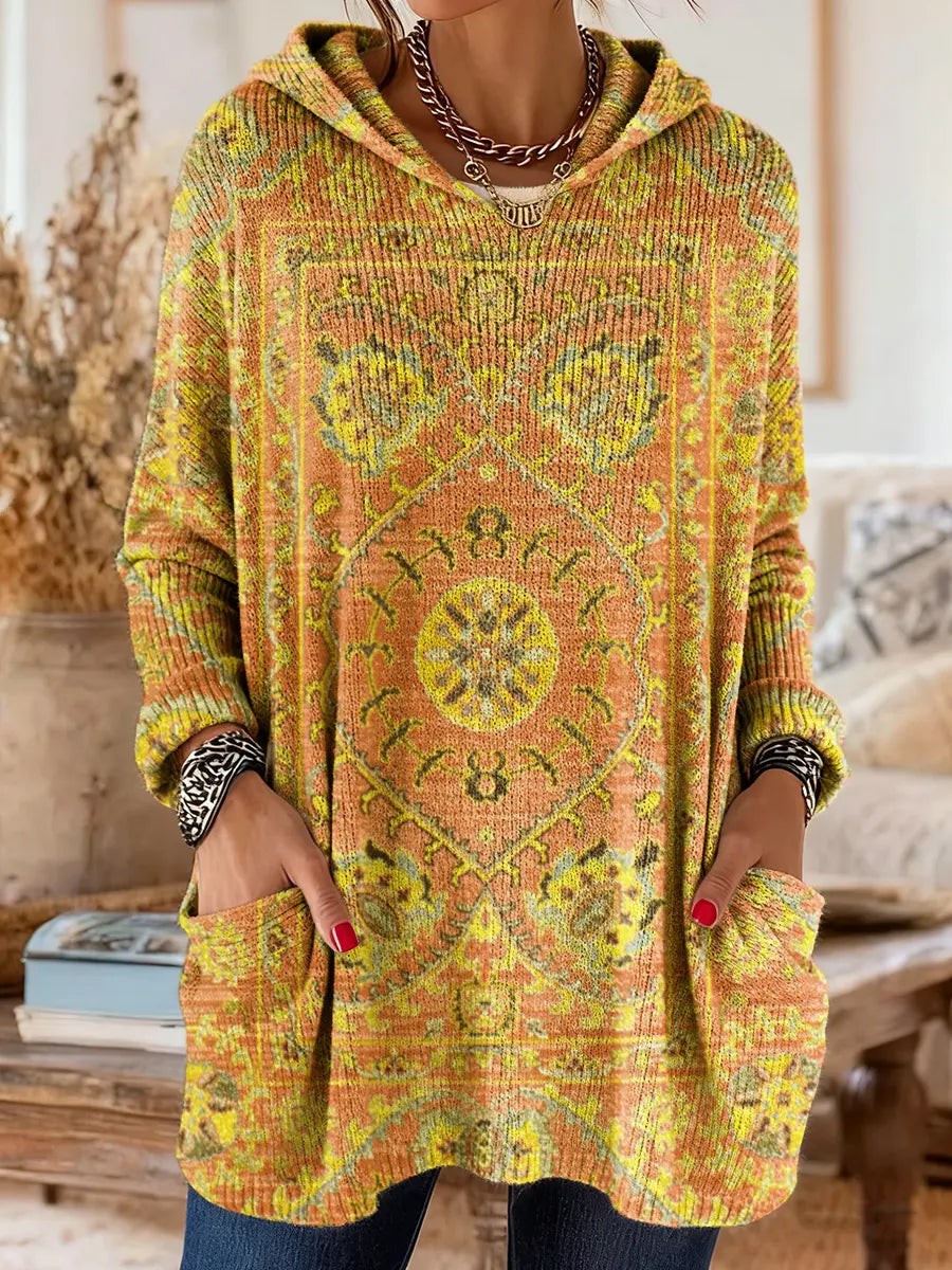 Hooded Ethnic Print Long Sleeve Pocket Knit Sweater