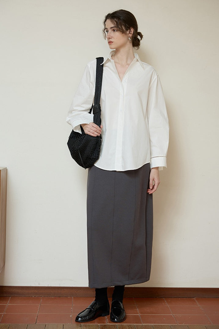 White High-Density Cotton Long-Sleeve Collared Blouse