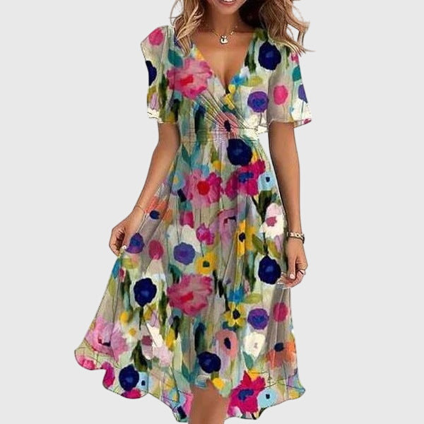 Surplice V-Neck Abstract Watercolor Print Flutter Sleeve Tie Waist Midi Dress