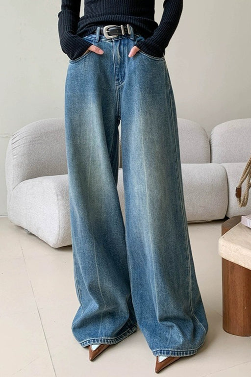 Blue Washed Casual High Waist Relaxed Long Jeans