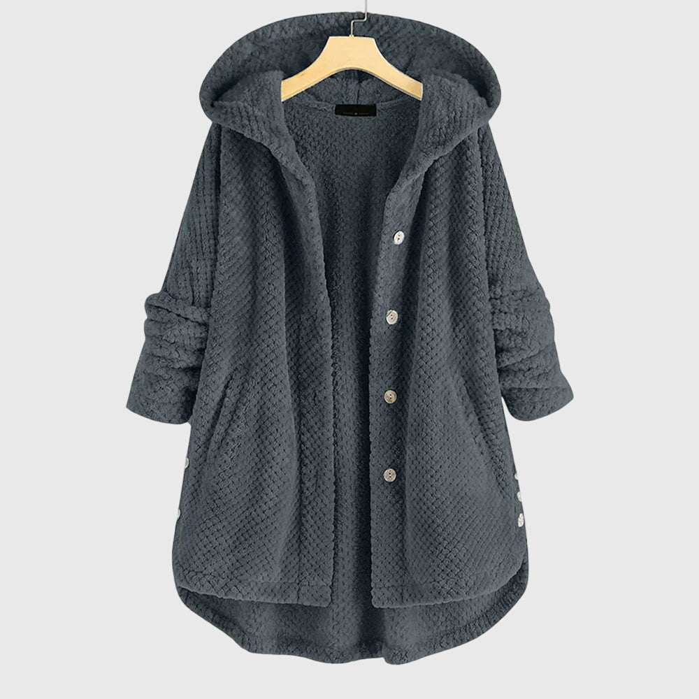 Hooded Fleece Button Front Long Sleeve High-Low Jacket