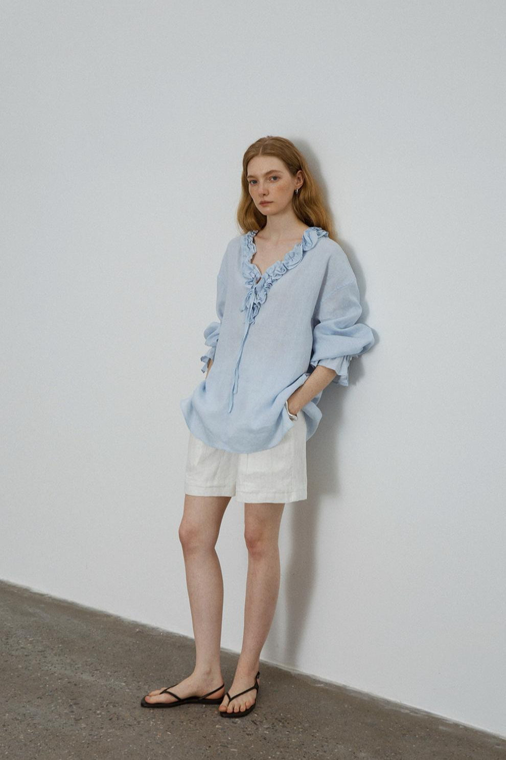 Linen Ruffle Tie Front Blouse