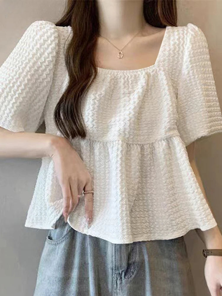 Short Sleeve Pleated Textured Blouse Summer Blouse WHITE / S blouse-250126
