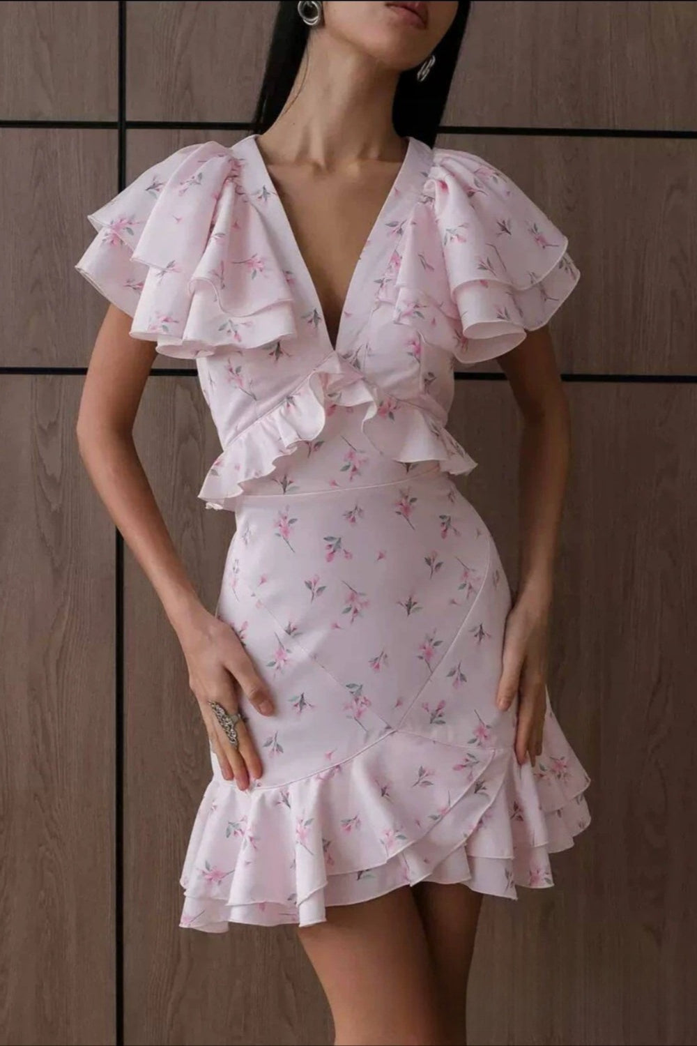 Ruffled V Neck Long Fitted Floral Dress