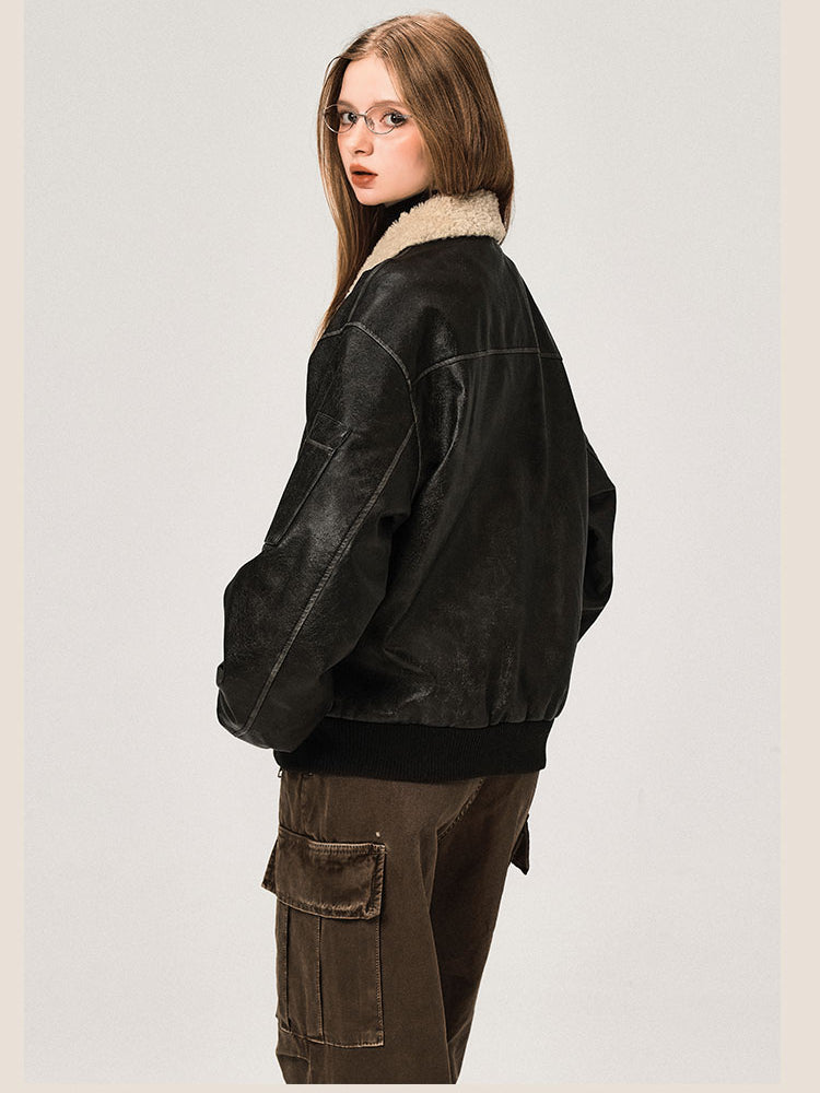 PU Leather Jacket with Lamb Wool Collar