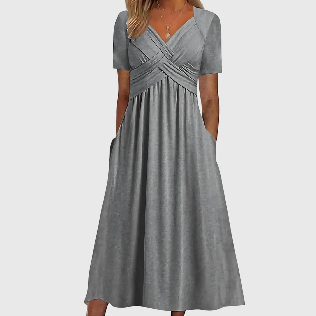 V-Neck Cross Front Short Sleeve Empire Waist Pocket Flowy Midi Dress