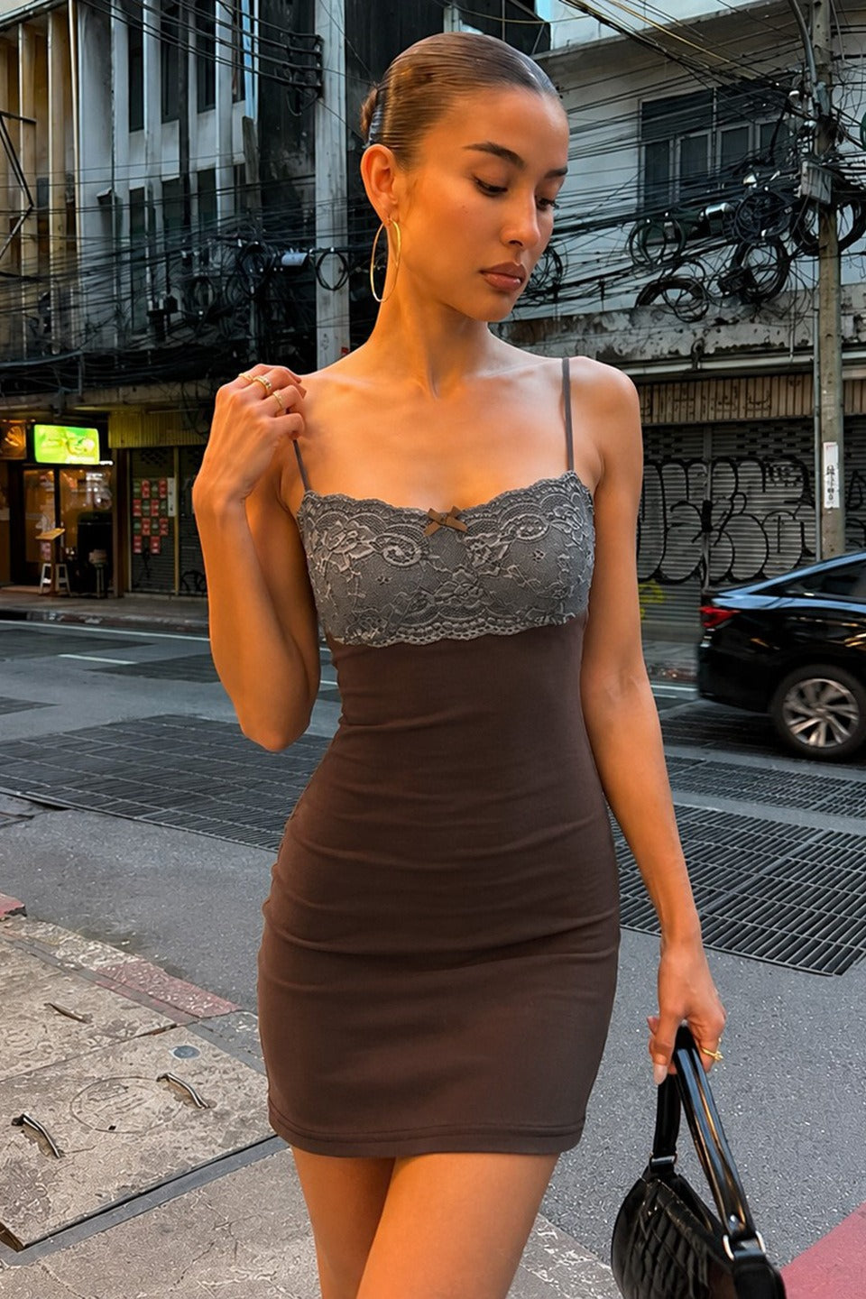 Lace Bustier Tie Back Bow Bodycon Slip Dress
