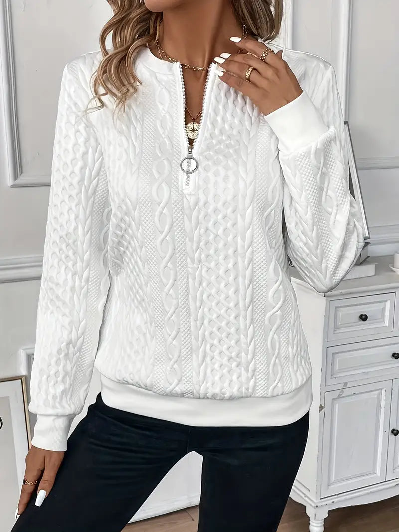 Round Neck Quarter Zip Cable Knit Long Sleeve Sweatshirt 6
