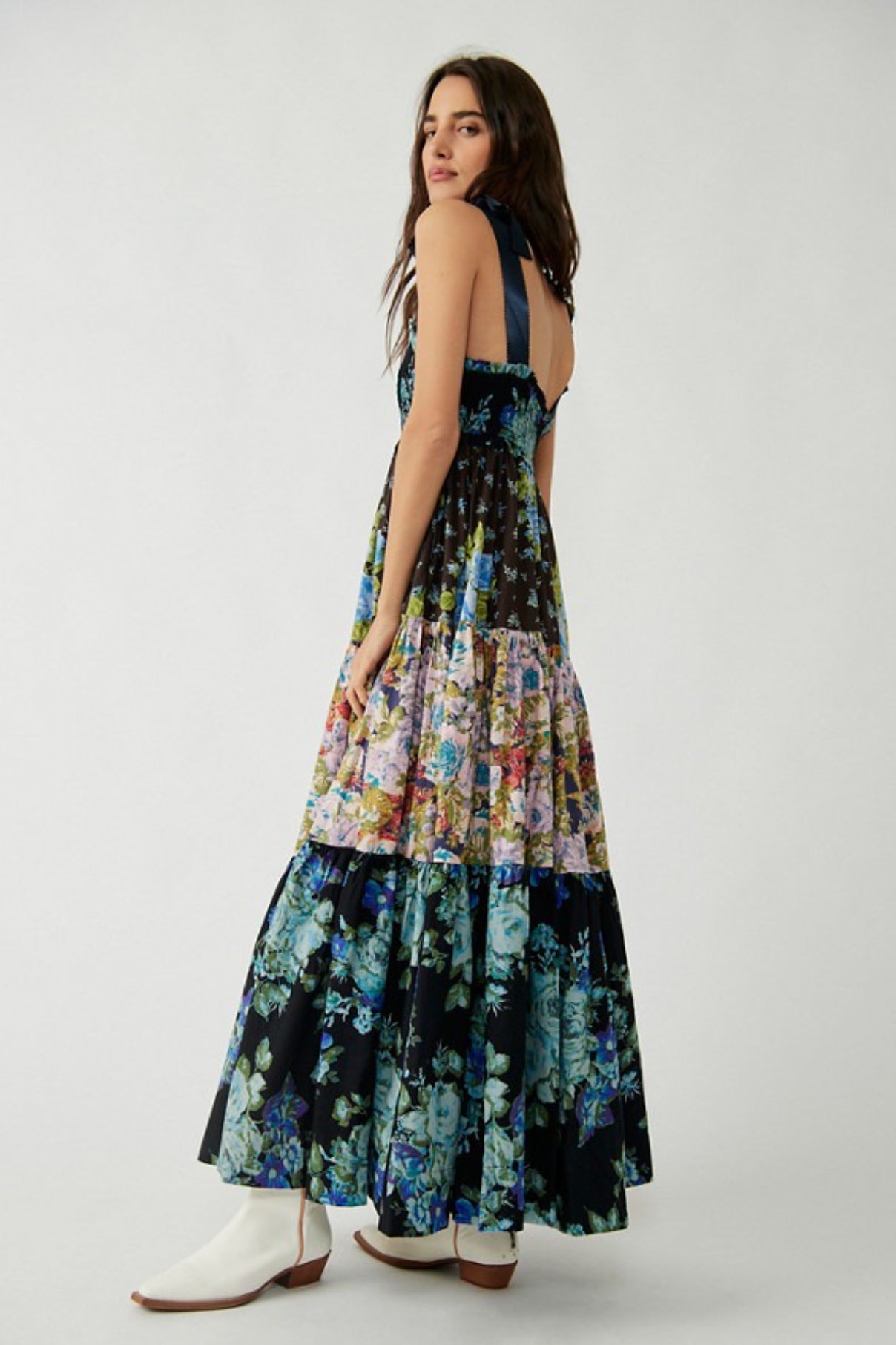 Smocked V Neck Bow Shoulder Strap Mixed Floral Tiered Maxi Dress 15