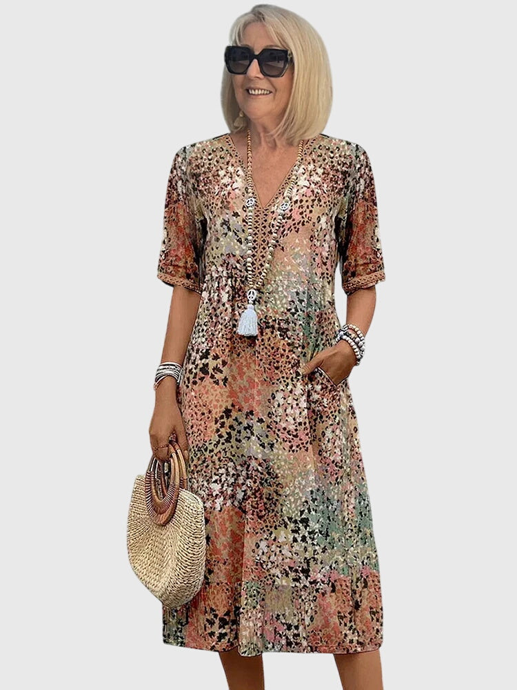 V-Neck Crochet Trim Short Sleeve Floral Print Pocket Midi Dress