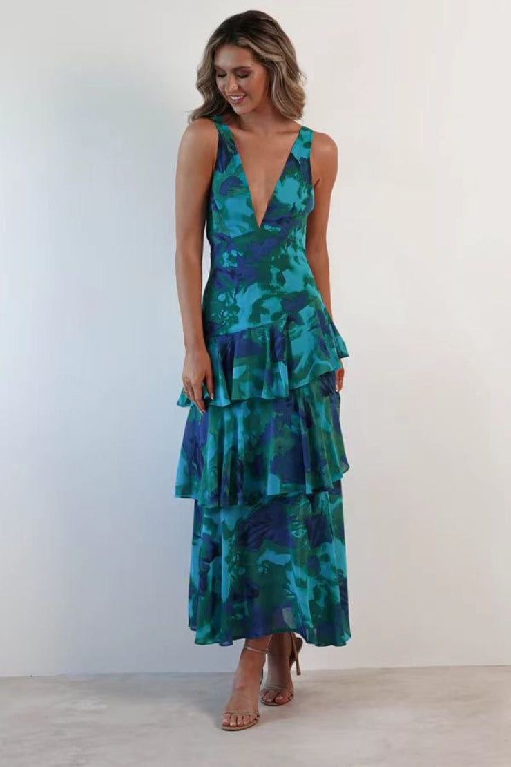 Deep V Neck Tiered Ruffle Watercolor Floral Print Maxi Dress 3