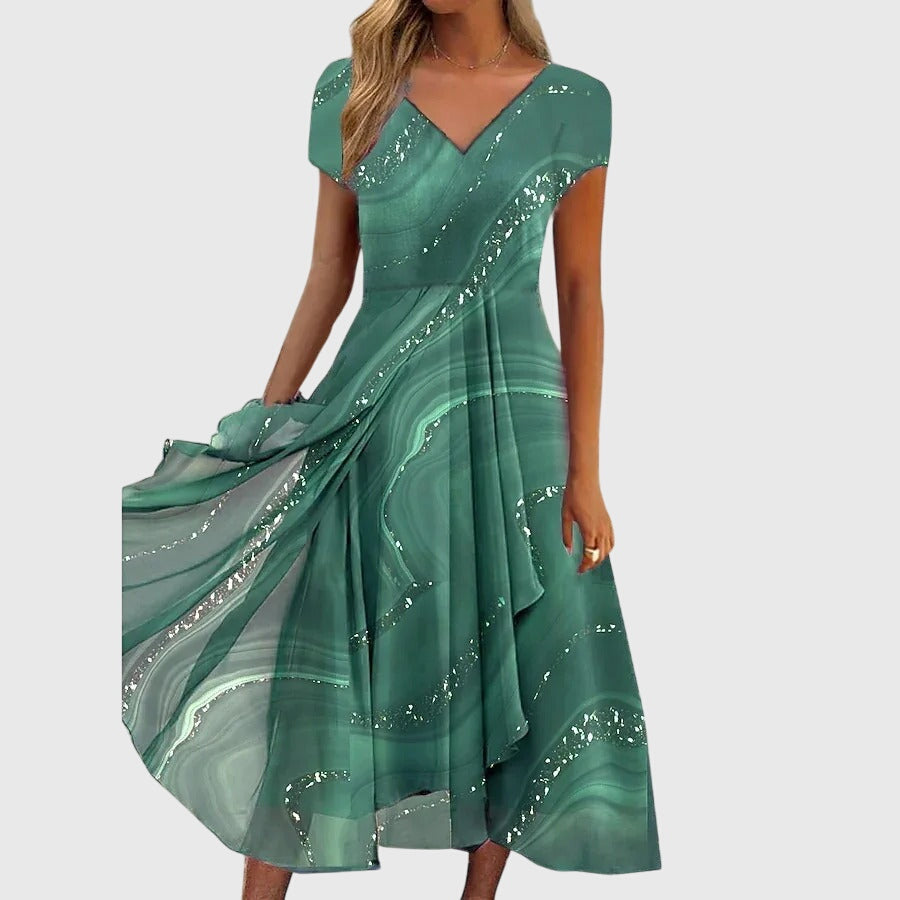 V-Neck Cap Sleeve Marble Print Draped Flowy A-Line Midi Dress