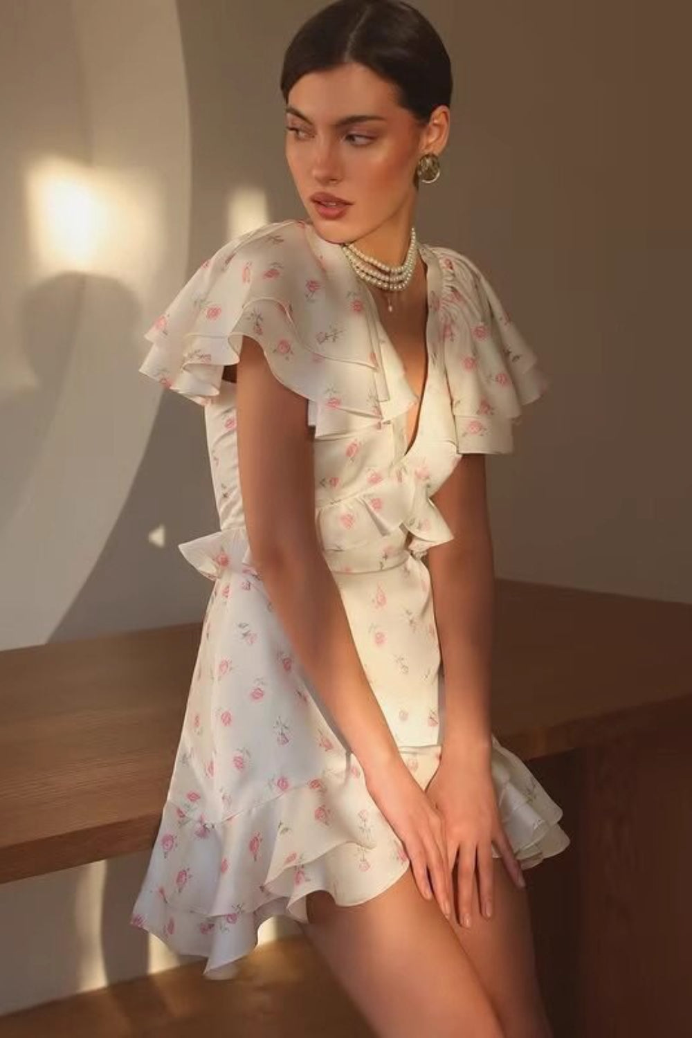 Ruffled V Neck Long Fitted Floral Dress