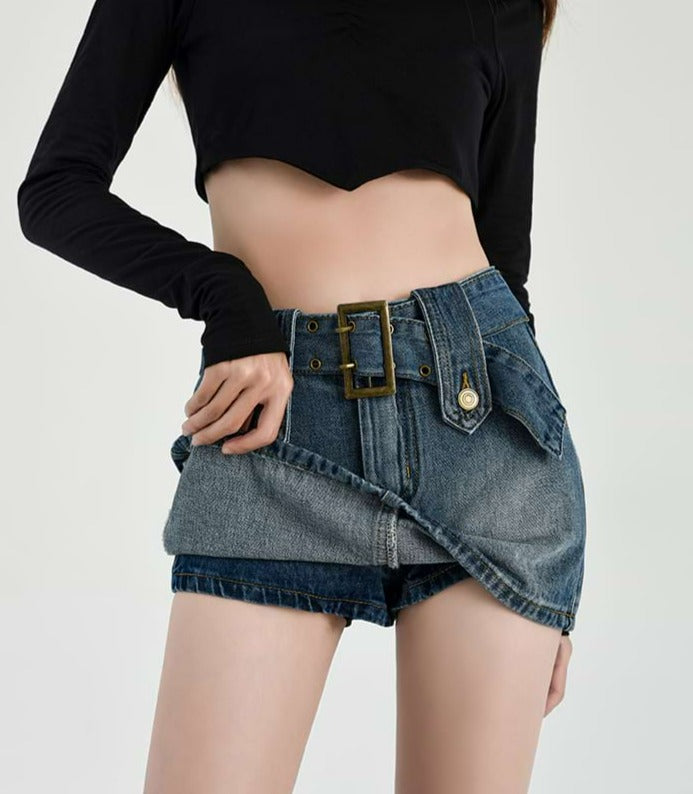 Buckled Denim Mini Skirt