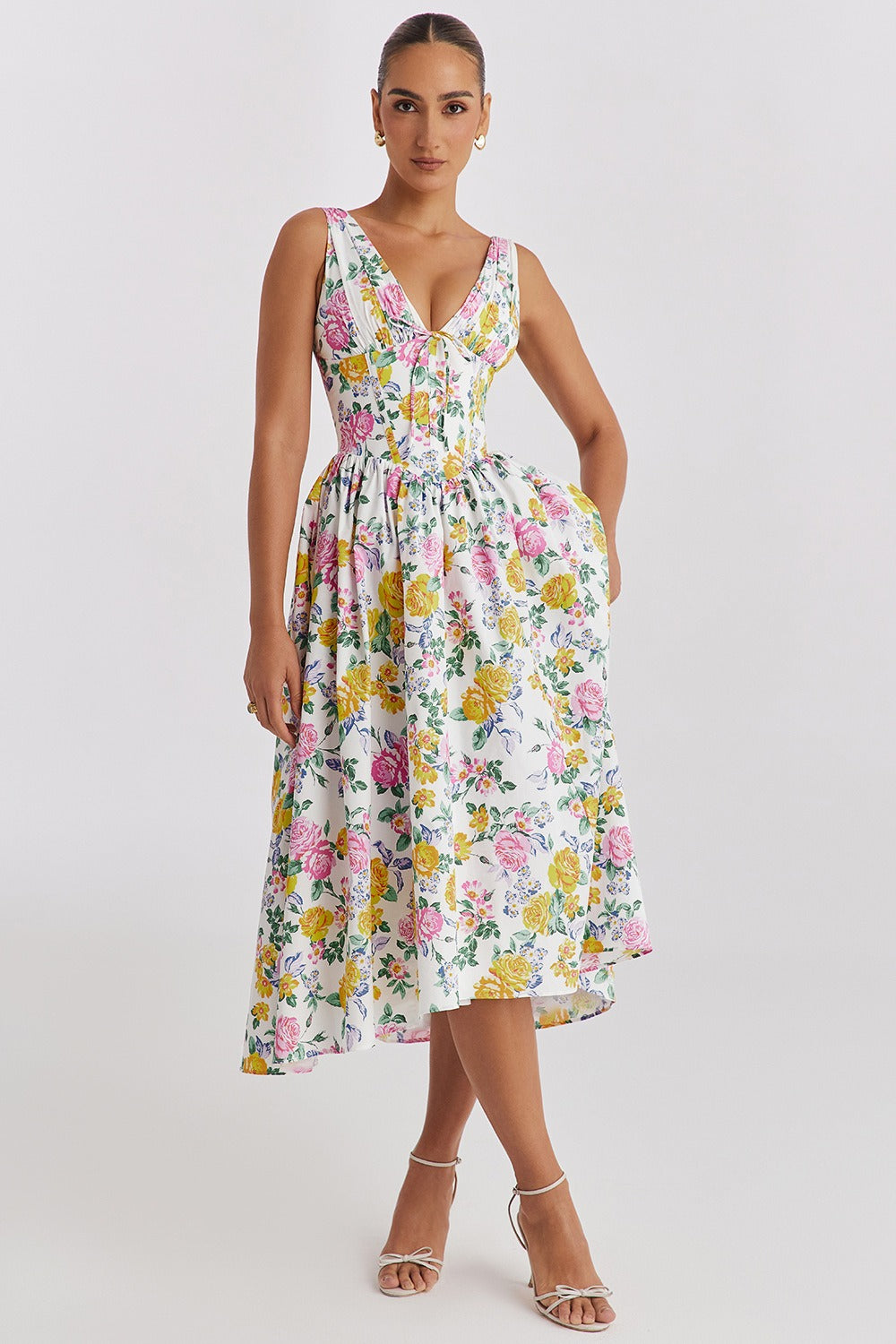 Spaghetti Strap V Neck Fitted Long Floral Dress