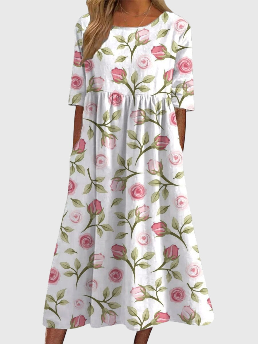 Round Neck Floral Print Short Sleeve Empire Waist A-Line Midi Dress