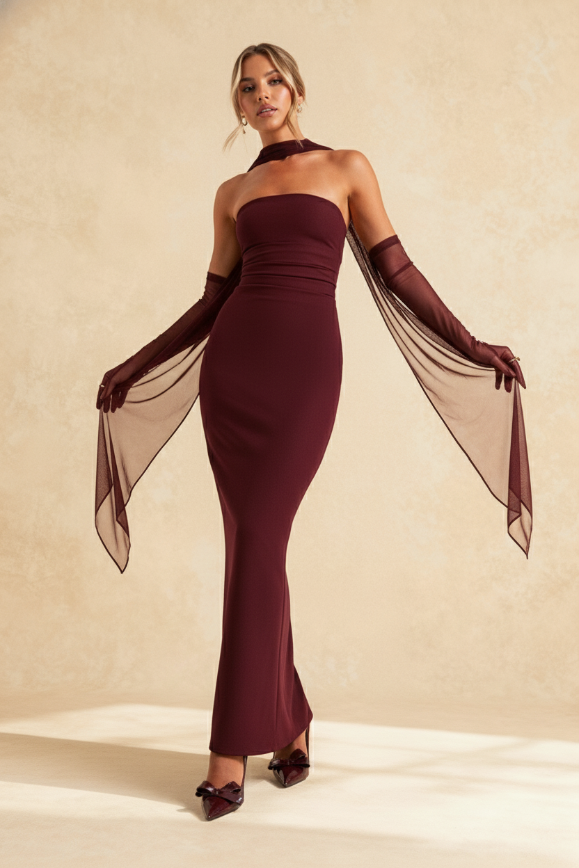 Hudson Maxi Dress With Stole And Gloves Maroon