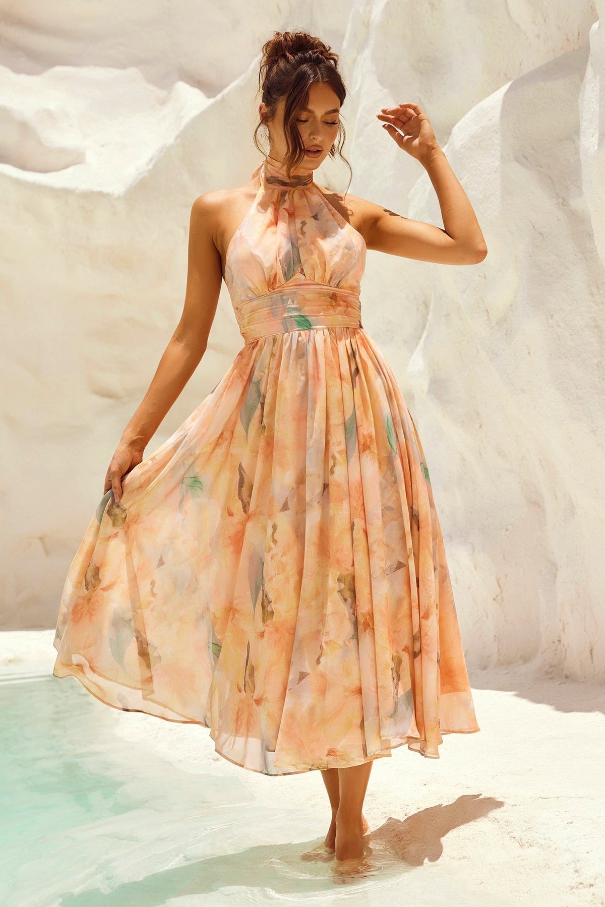 Halter Neck Watercolor Floral Chiffon Ruched Waist Flowy Midi Dress