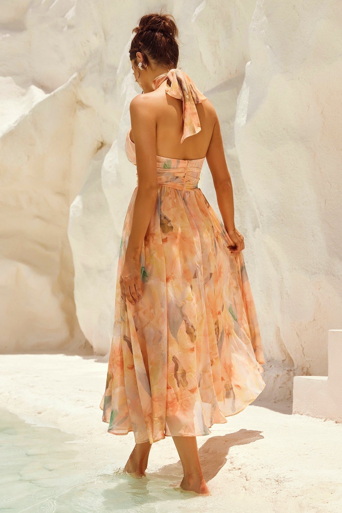 Halter Neck Watercolor Floral Chiffon Ruched Waist Flowy Midi Dress