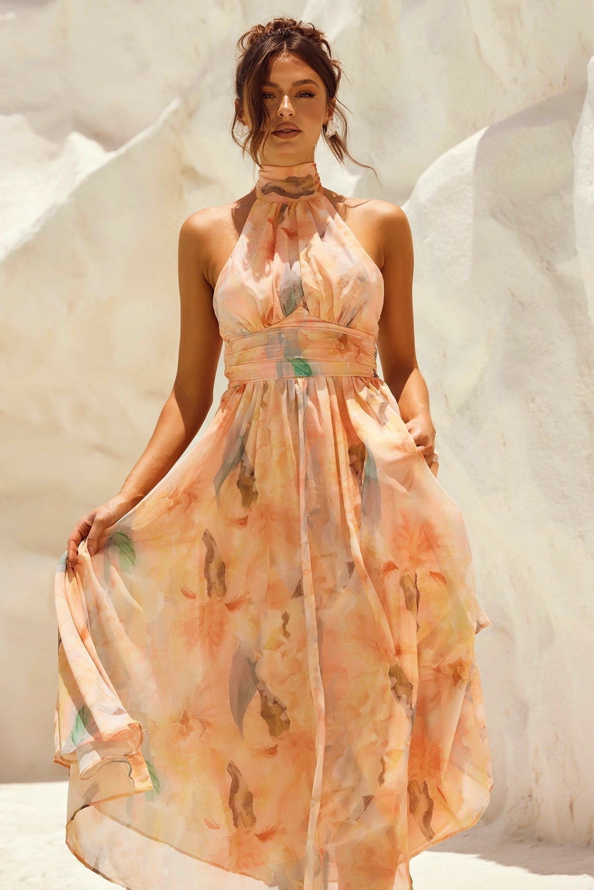 Halter Neck Watercolor Floral Chiffon Ruched Waist Flowy Midi Dress