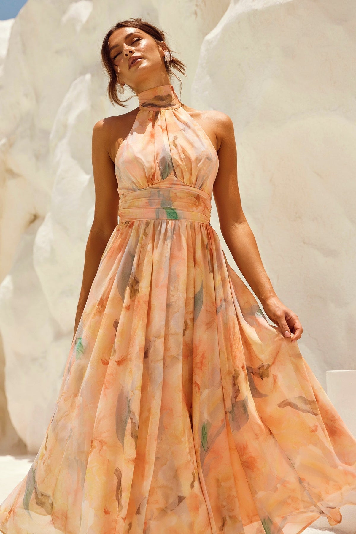 Halter Neck Watercolor Floral Chiffon Ruched Waist Flowy Midi Dress