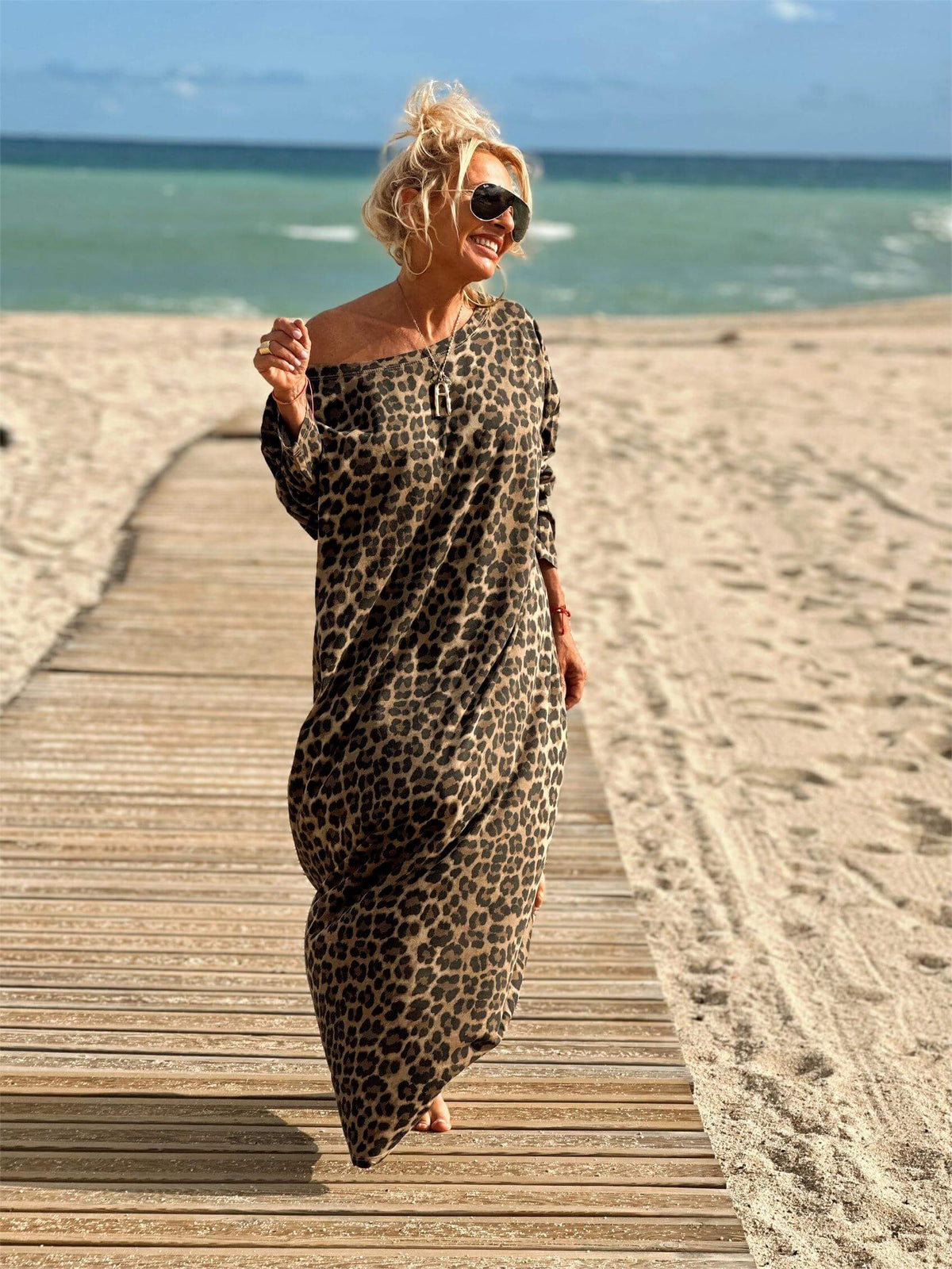 Leopard Off-Shoulder Leopard Print Long Sleeve Oversized Maxi Dress 3