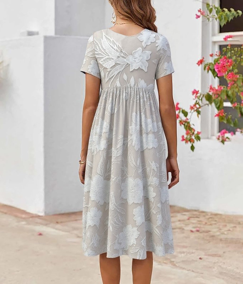 White Round Neck Floral Print Short Sleeve Pocket A-Line Maxi Dress