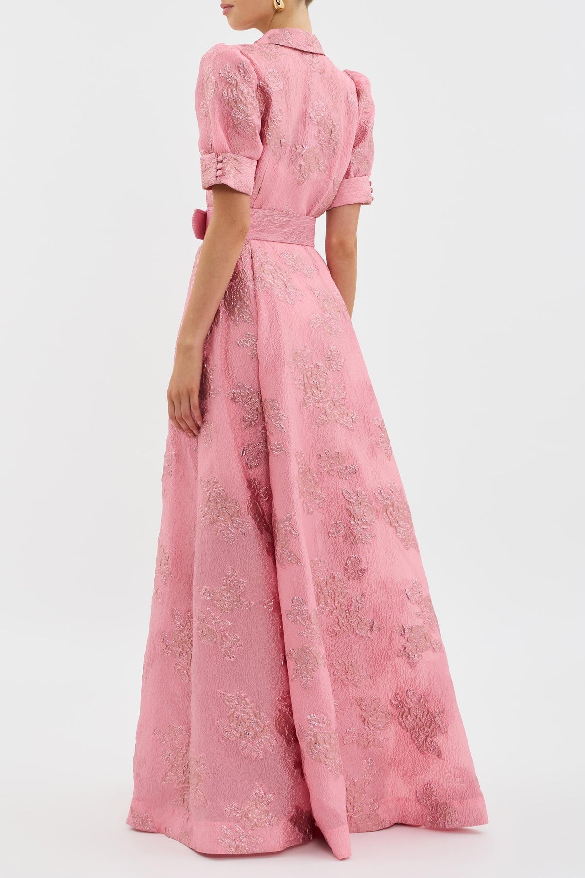 Collared Puff Sleeve Floral Jacquard Belted A-Line Maxi Dress 4