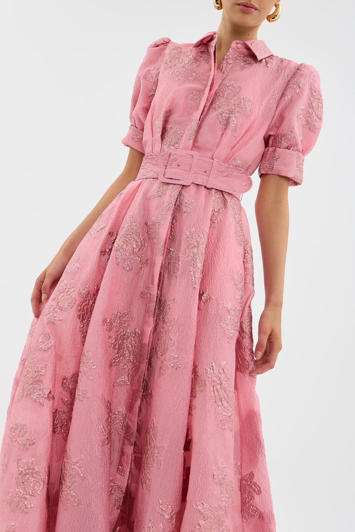 Collared Puff Sleeve Floral Jacquard Belted A-Line Maxi Dress 5