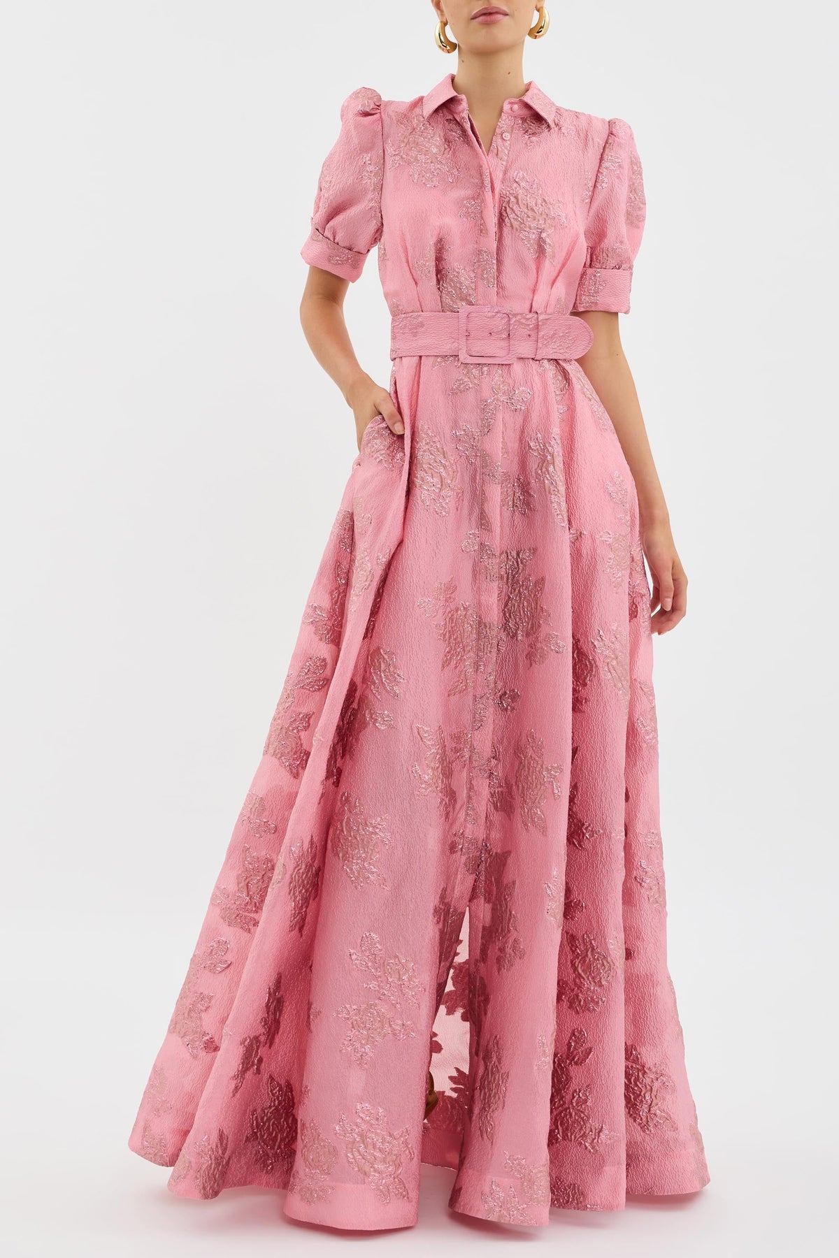 Collared Puff Sleeve Floral Jacquard Belted A-Line Maxi Dress 2