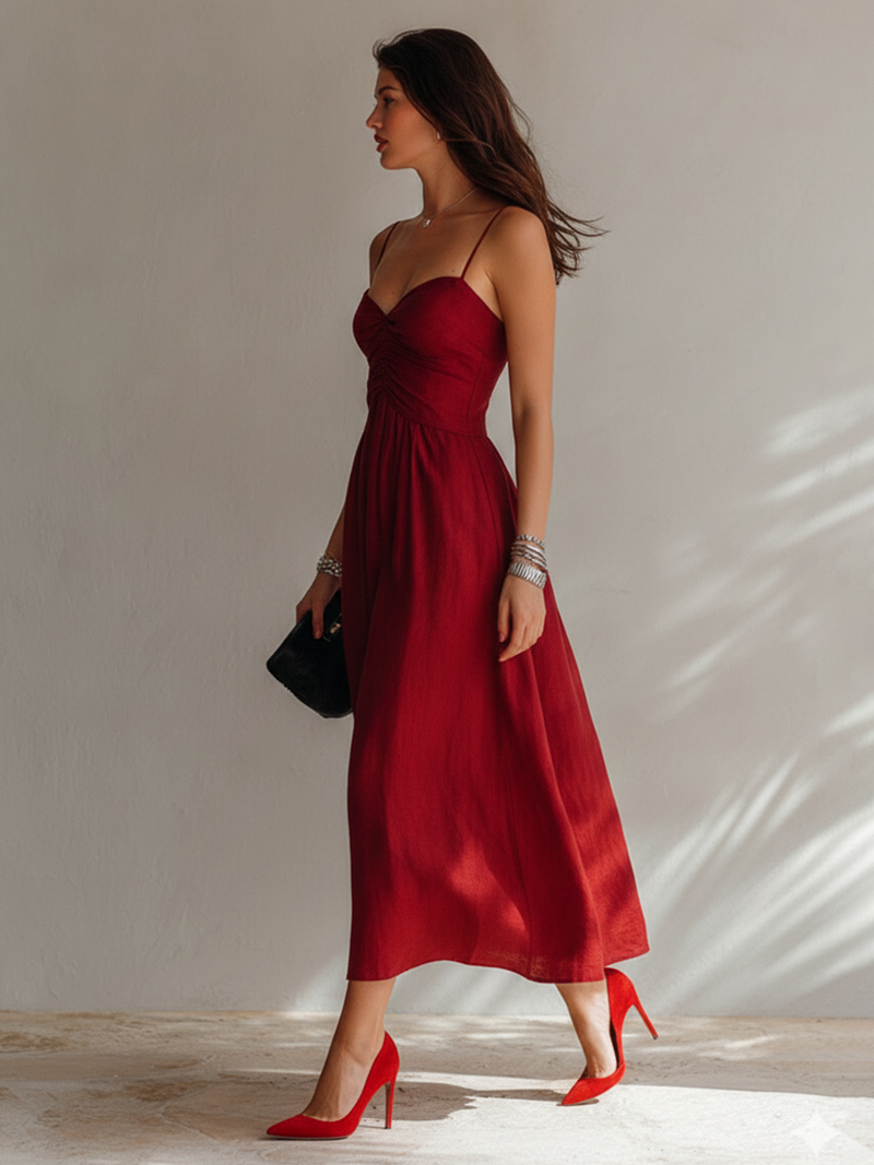 Sweetheart Spaghetti Strap Ruched Flowy Maxi Dress 3