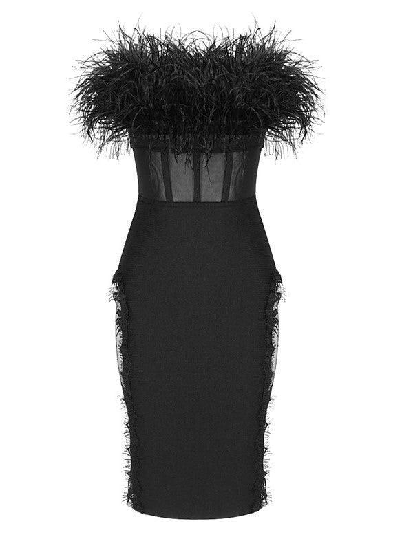 Strapless Feather Trim Corset Lace Panel Bandage Bodycon Midi Dress