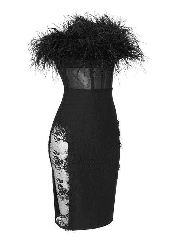 Strapless Feather Trim Corset Lace Panel Bandage Bodycon Midi Dress