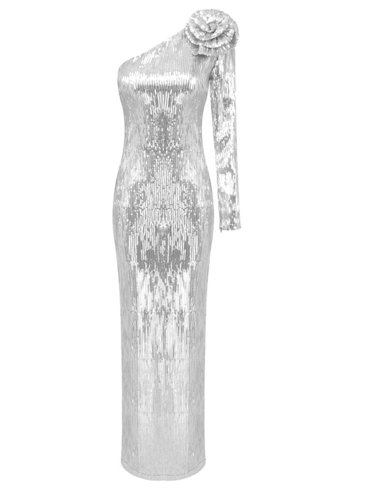 One Shoulder Flower Sequin Maxi Dress