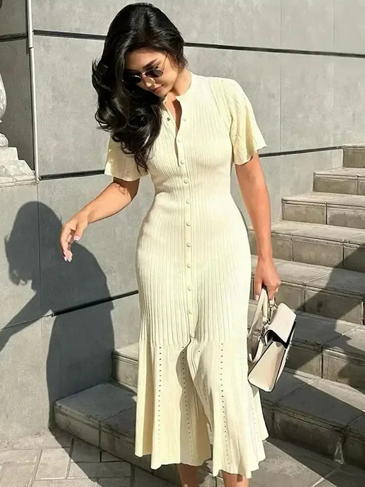 Knitted Patchwork High Waist Midi Dress