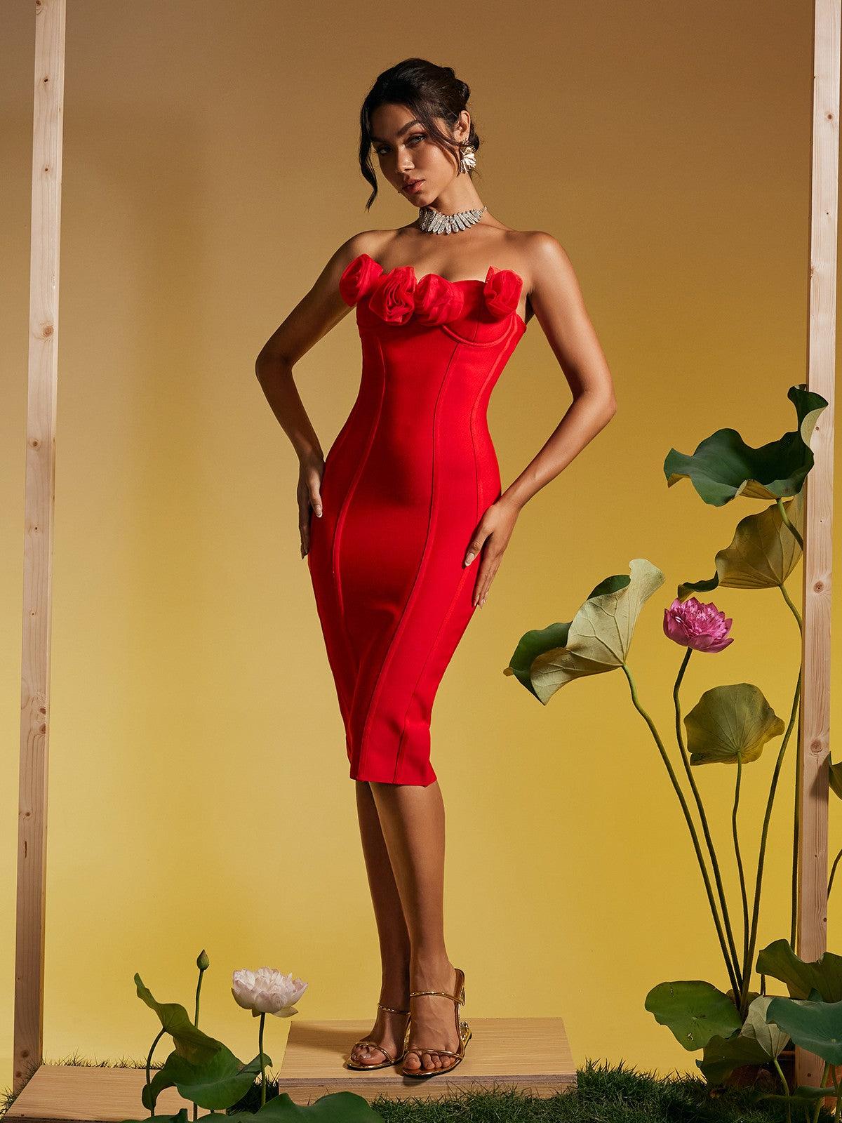 Strapless Flower Bandage Midi Dress