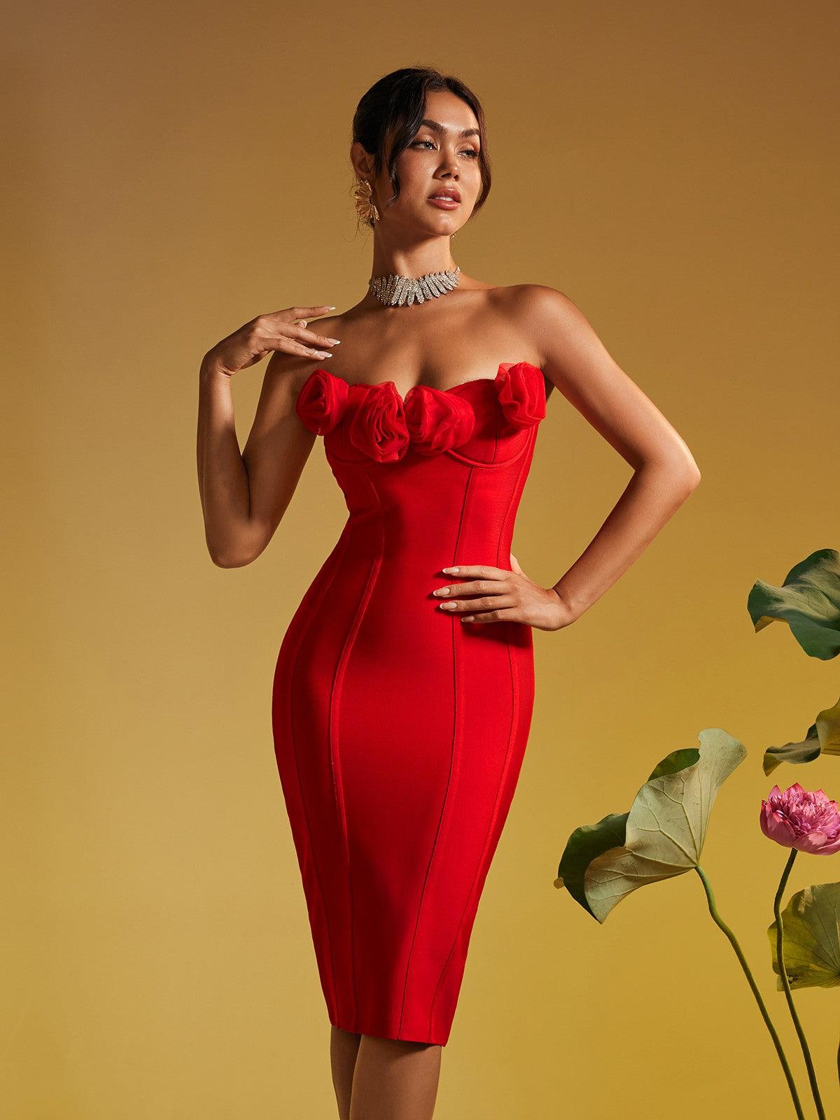 Strapless Flower Bandage Midi Dress