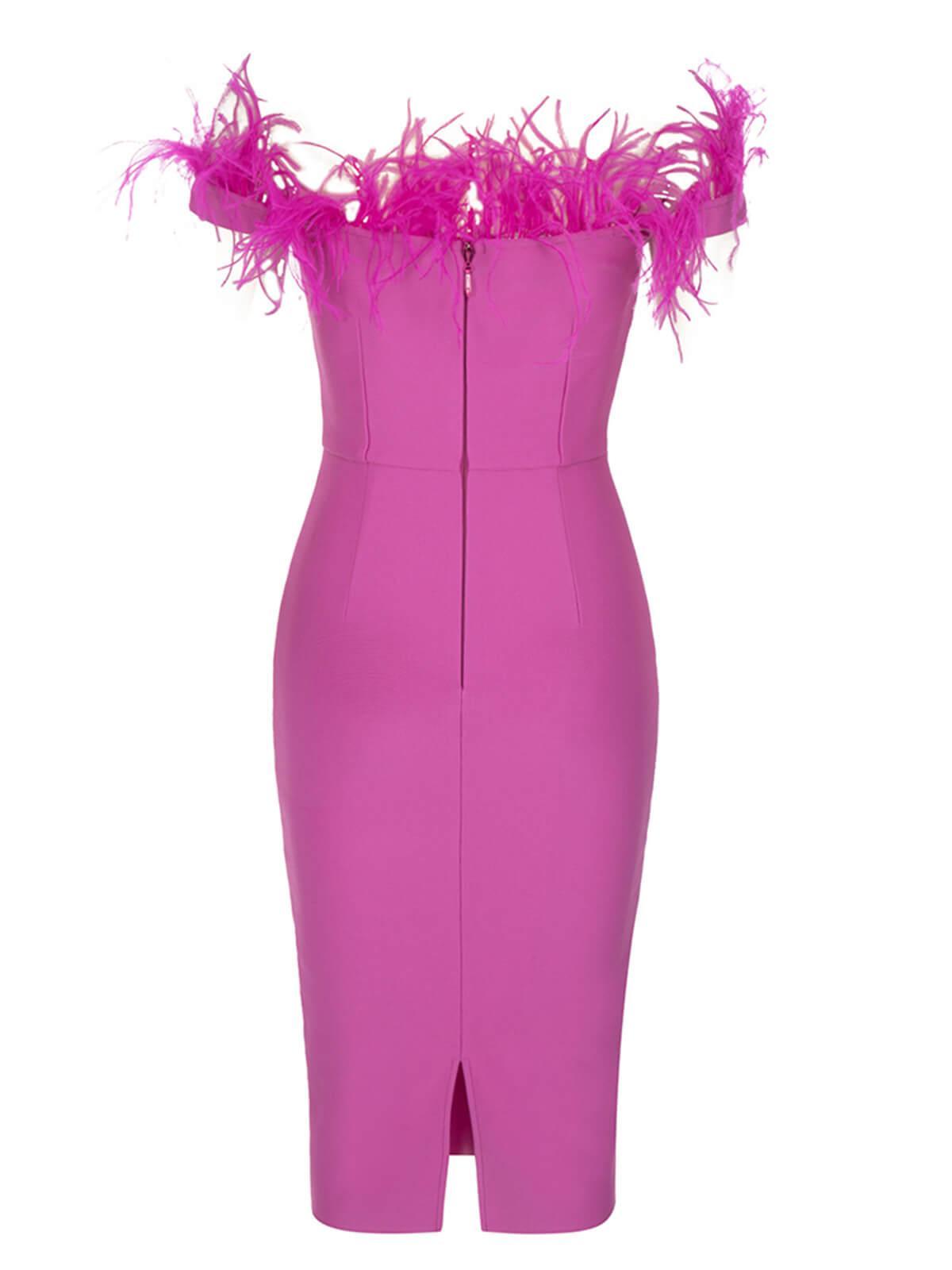 Off-Shoulder Feather Trim Corset Bandage Bodycon Midi Dress 7