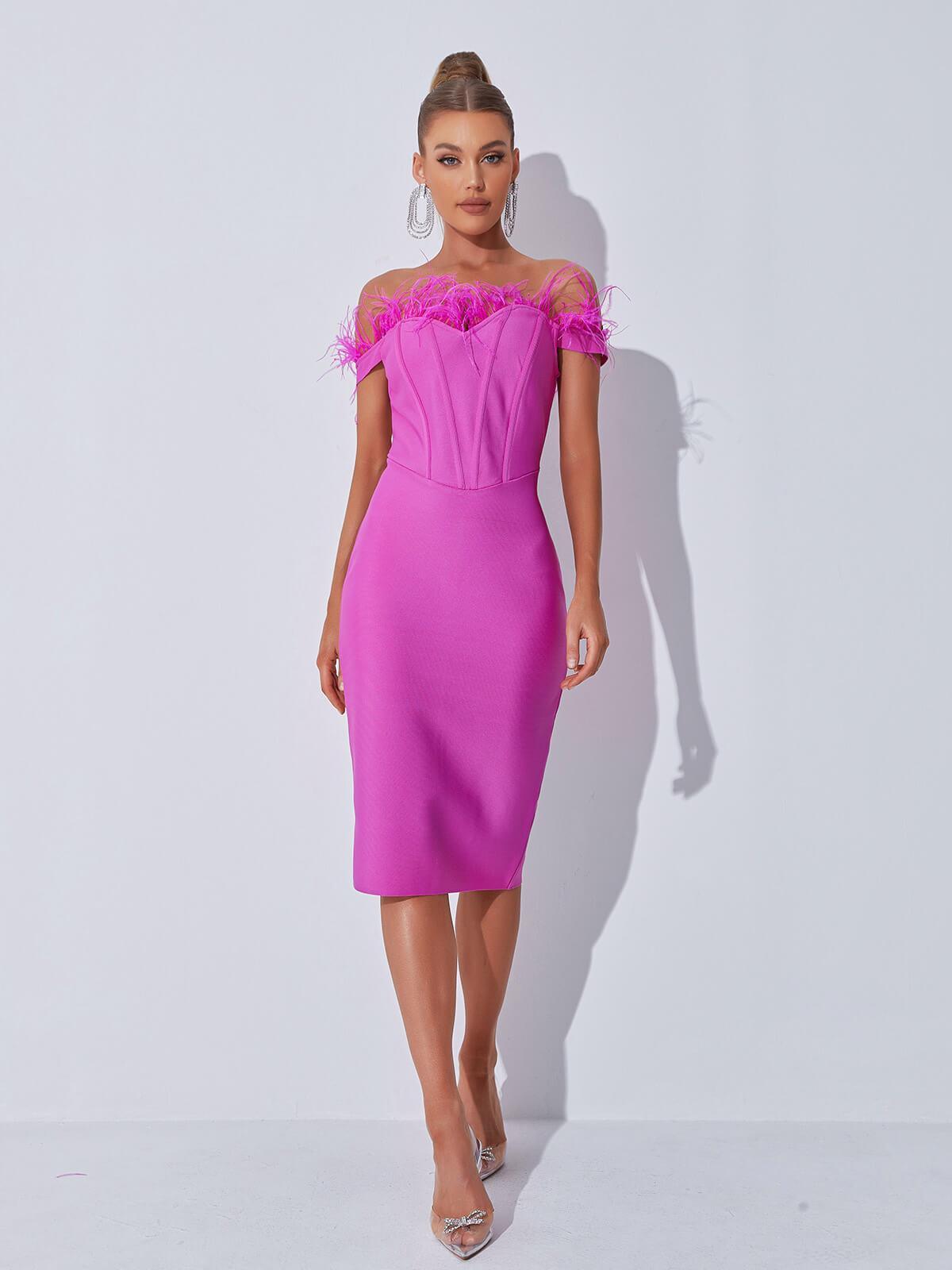 Off-Shoulder Feather Trim Corset Bandage Bodycon Midi Dress