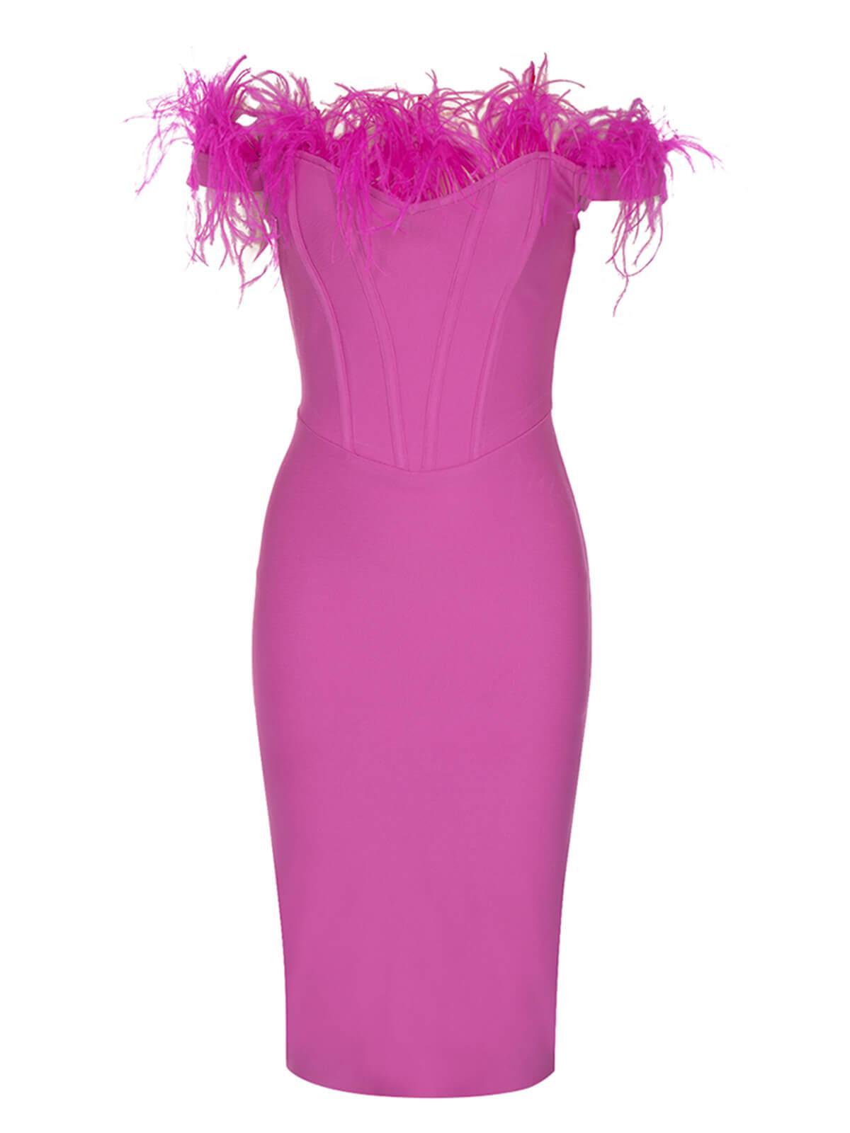 Off-Shoulder Feather Trim Corset Bandage Bodycon Midi Dress 6