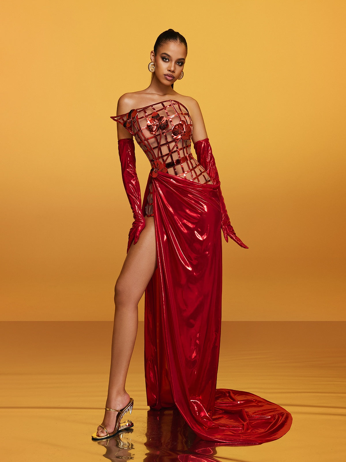 Strapless Metallic Flower Maxi Dress In Red
