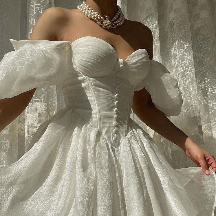 White Off-Shoulder Puff Sleeve Sweetheart Neck Button Front Corset Mini Dress