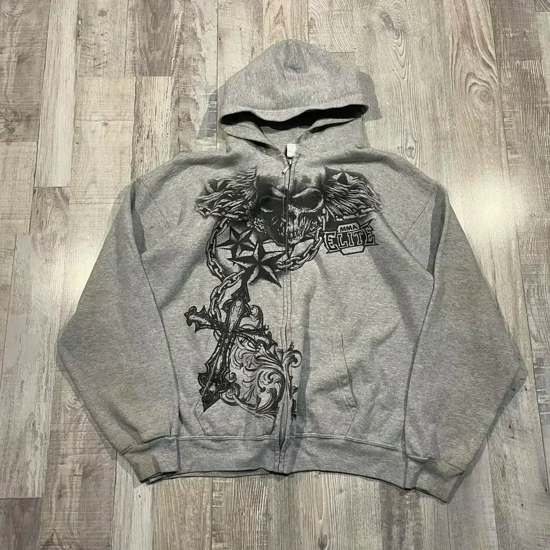 Gothic Skull Zipper Hoodie coffee / S