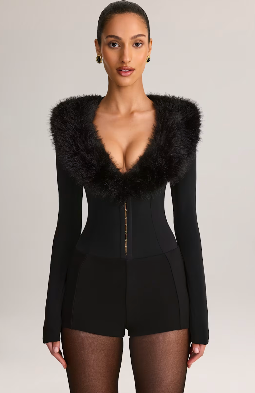 Fur-Trim Playsuit in Black