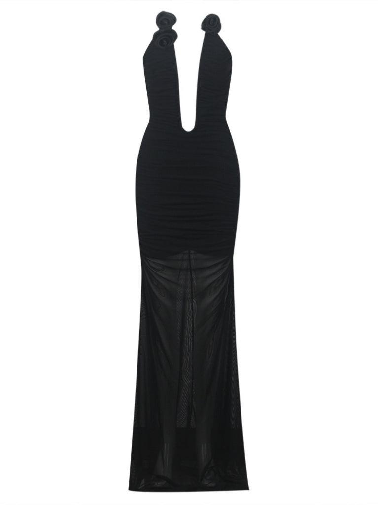 Strapless Flower Bandage Maxi Dress In Black