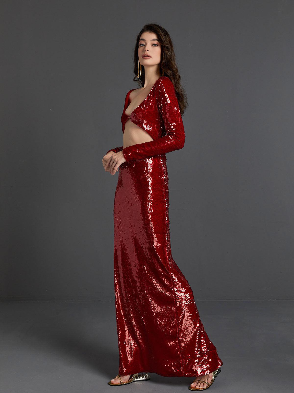 V-Neck Long Sleeve Sequin Midriff Cutout Column Maxi Gown
